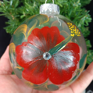4" Round Large Hand Painted Clear Christmas Ornament G&B Cap Poinsettia Flower